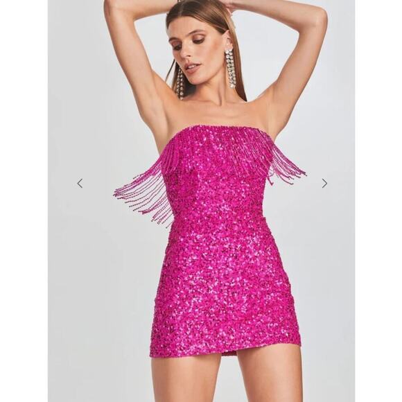 Retrofete Cassandra Sequin Fringe Mini Dress Size M Hot Pink Strapless Bodycon - Picture 1 of 12